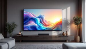 A photograph of a modern living room featuring a stylish led display as the focal point of the television background wall