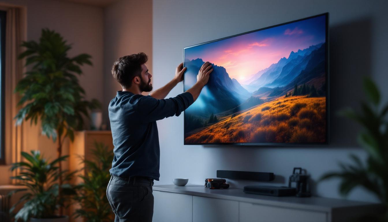 A photograph of a person skillfully installing a 65-inch led tv on a wall mount