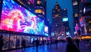 A photograph of a vibrant led display in a bustling urban environment