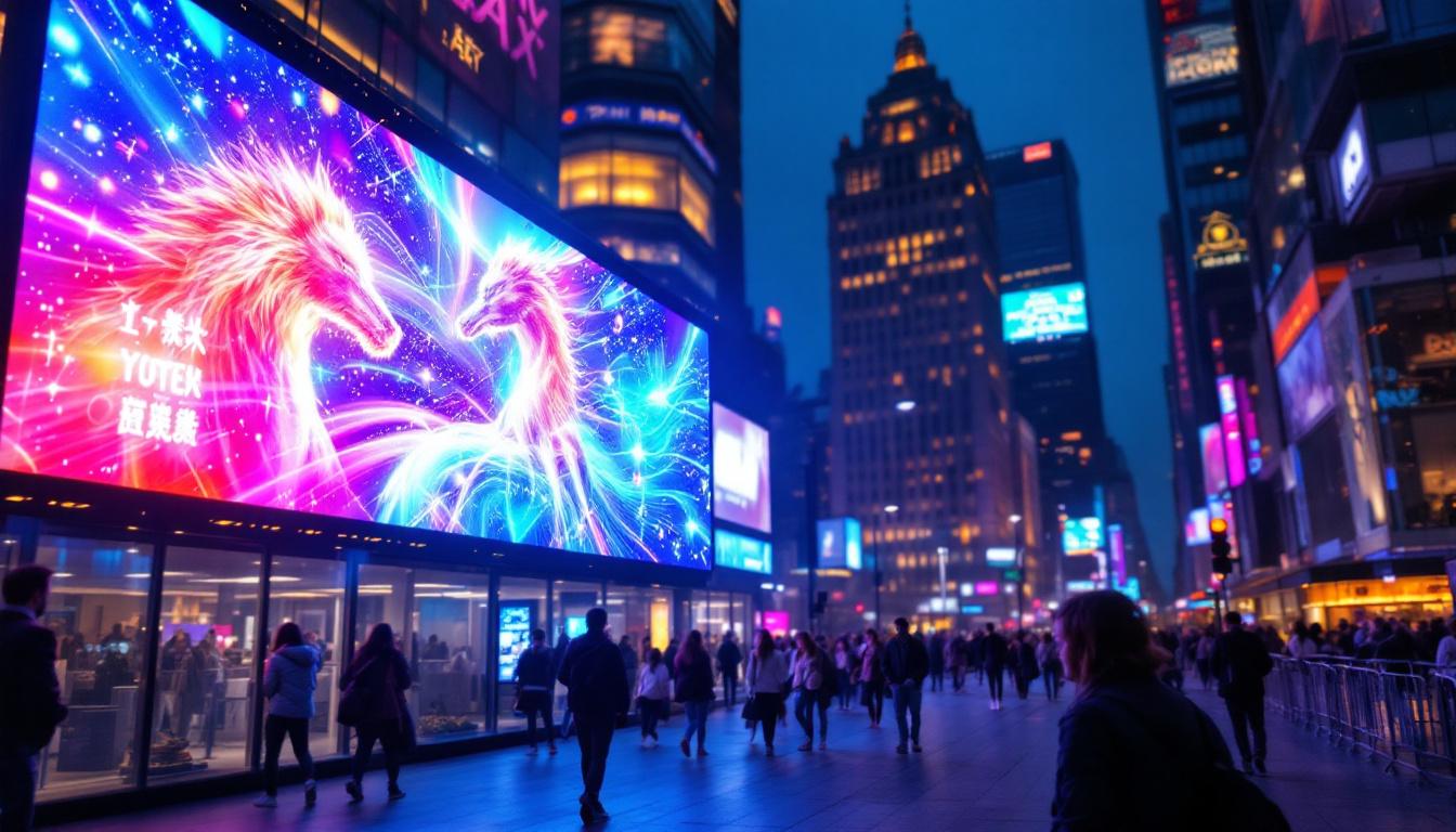 A photograph of a vibrant led display in a bustling urban environment