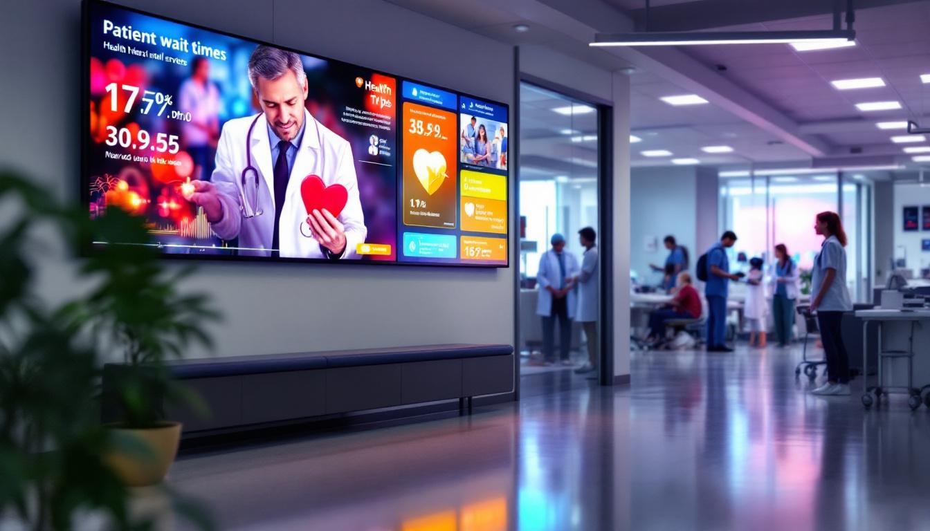 A photograph of a vibrant led display in a healthcare setting