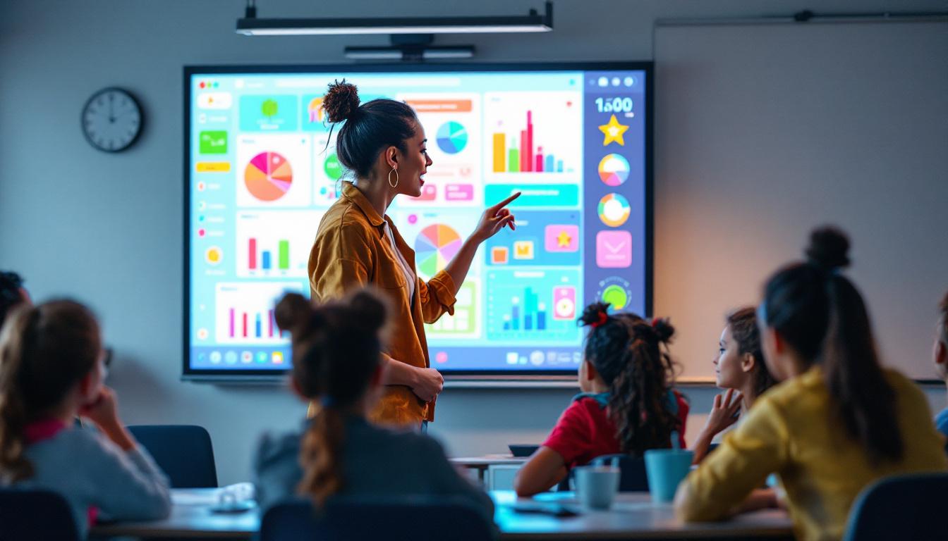A photograph of a teacher engaging students in a dynamic classroom setting