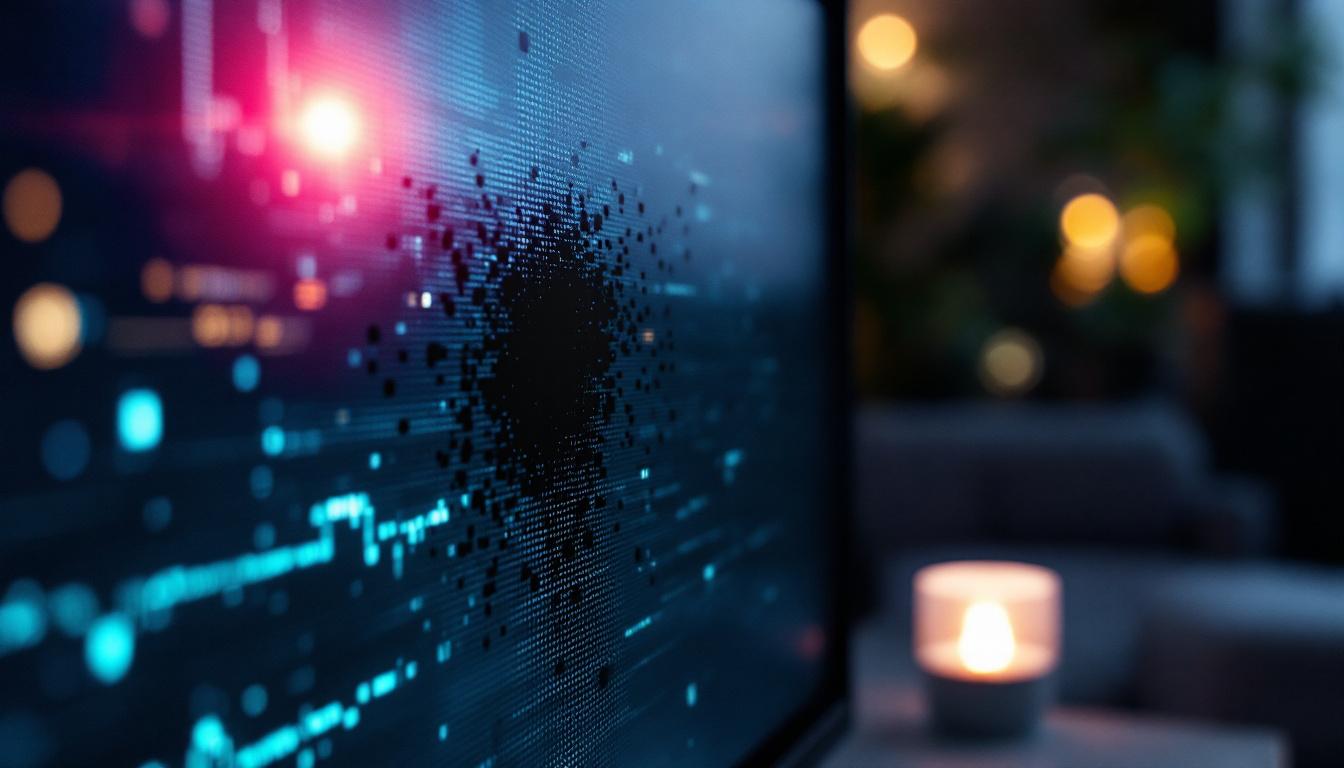 A photograph of a close-up of an lcd tv screen displaying a prominent black spot