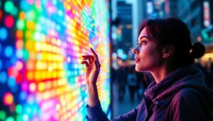A photograph of a vibrant led display in a dynamic urban setting