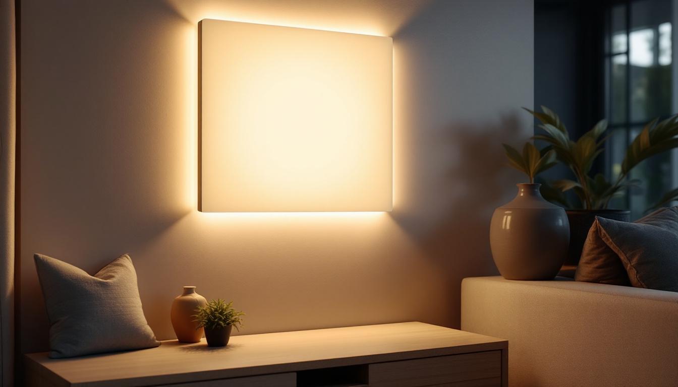 A photograph of a modern panel wall light with an led display in a stylish interior setting