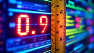 A photograph of a close-up of a vibrant led display screen showing a digital measurement conversion