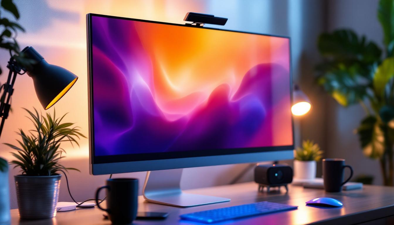 A photograph of a computer setup featuring a privacy screen on the display