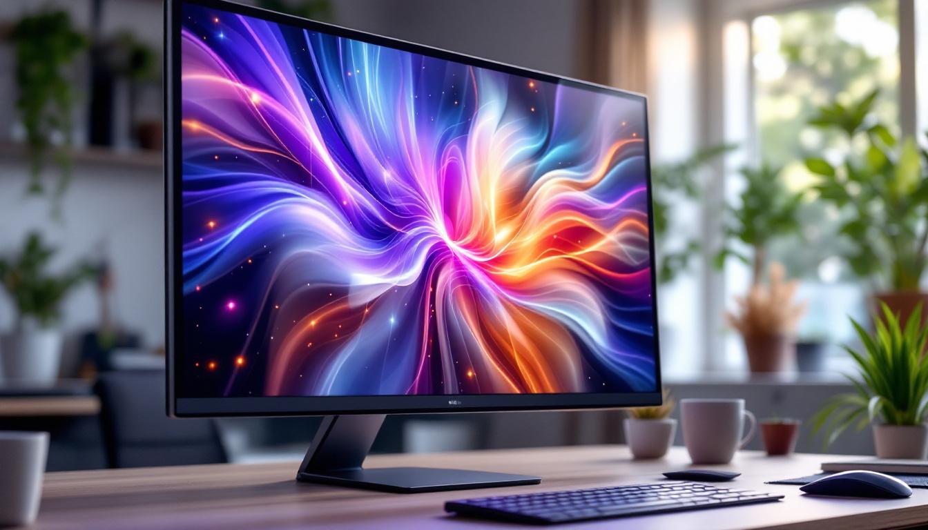 A photograph of a sleek 27-inch touch screen computer monitor displaying vibrant led graphics