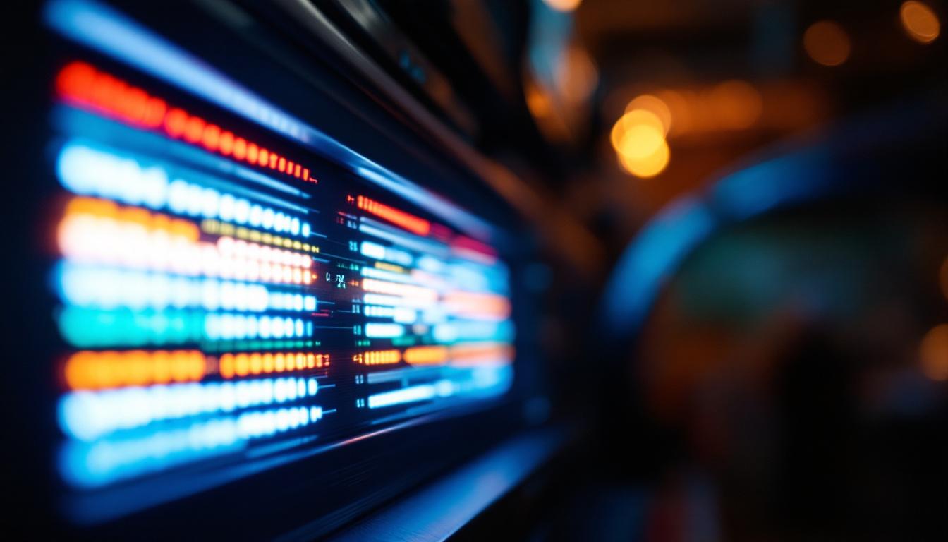 A photograph of a close-up shot of a plano power equipment led display in action