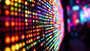 A photograph of a close-up shot of a vibrant led display in action