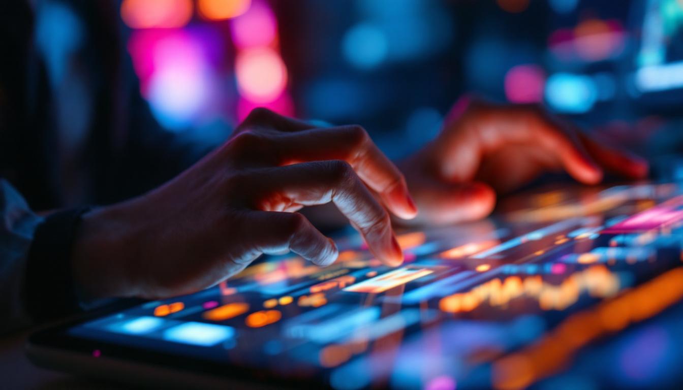 A photograph of a close-up of a person interacting with a sleek touch screen computer