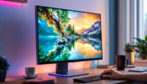 A photograph of capture a photograph of a sleek 22-inch touch monitor displaying vibrant