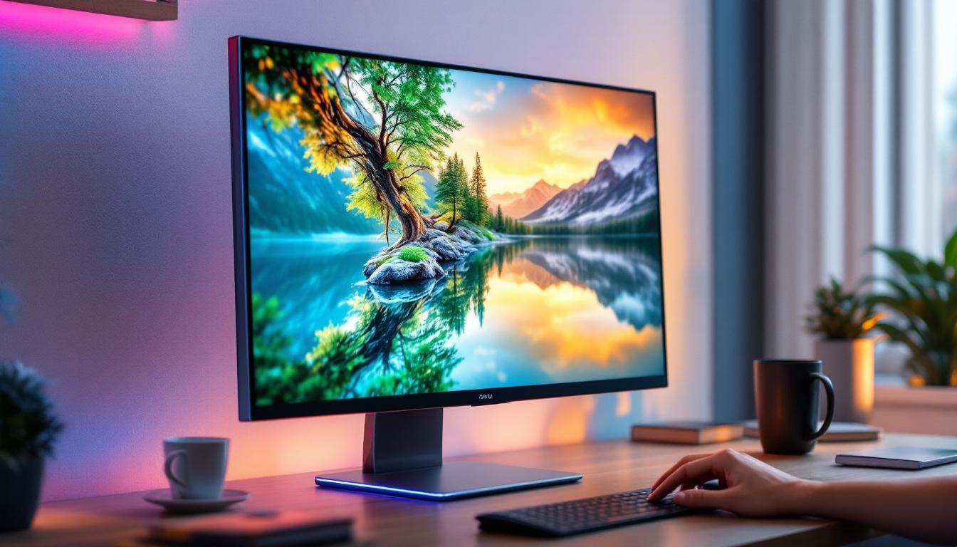 A photograph of capture a photograph of a sleek 22-inch touch monitor displaying vibrant