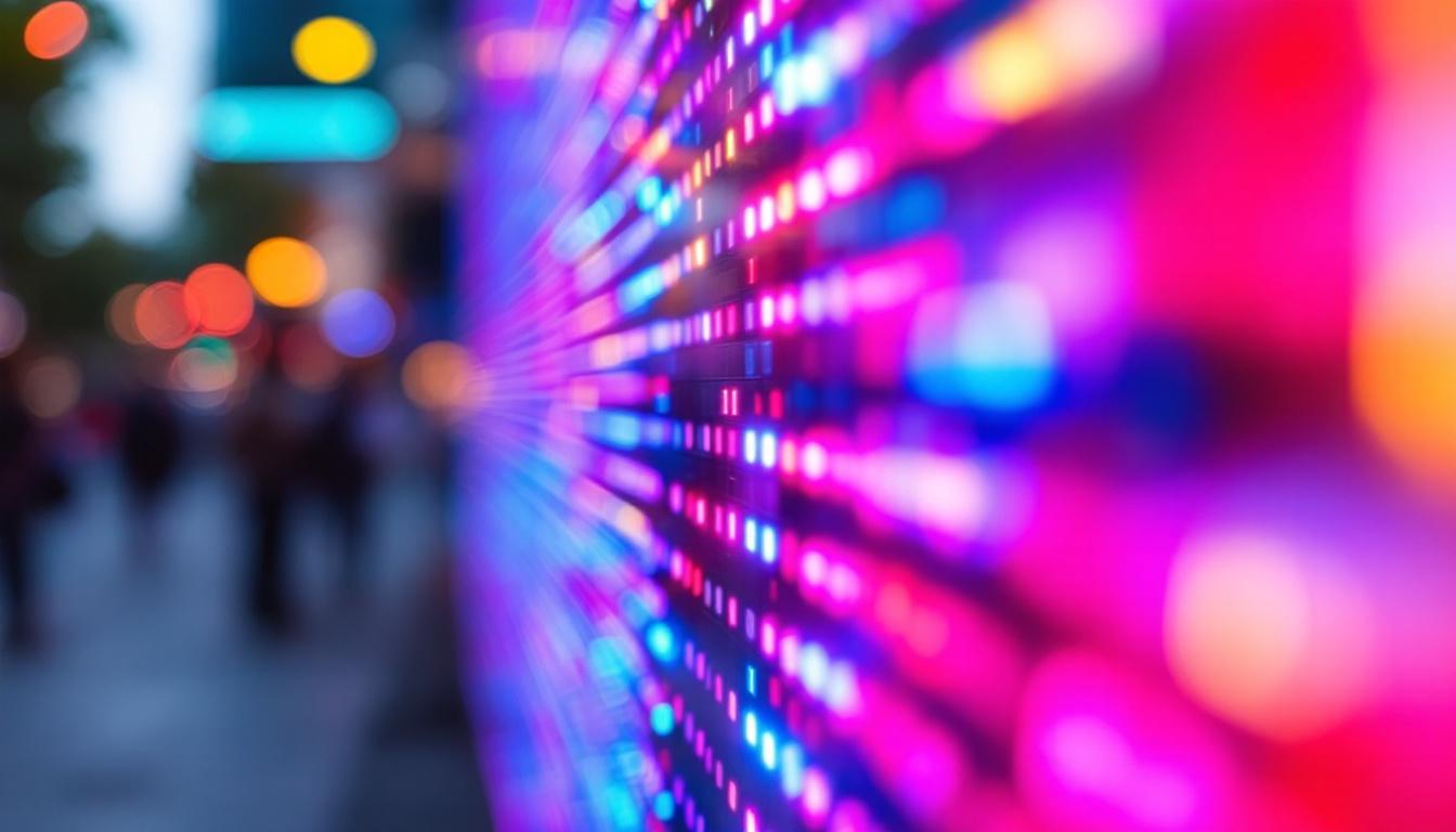A photograph of a close-up shot of a vibrant led display in action