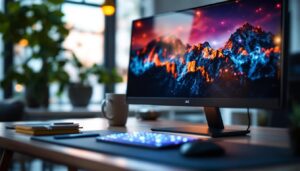 A photograph of a sleek 36-inch led computer screen displaying vibrant