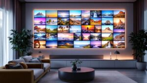 A photograph of a stylish interior featuring a vibrant led display wall showcasing a curated collection of photographs