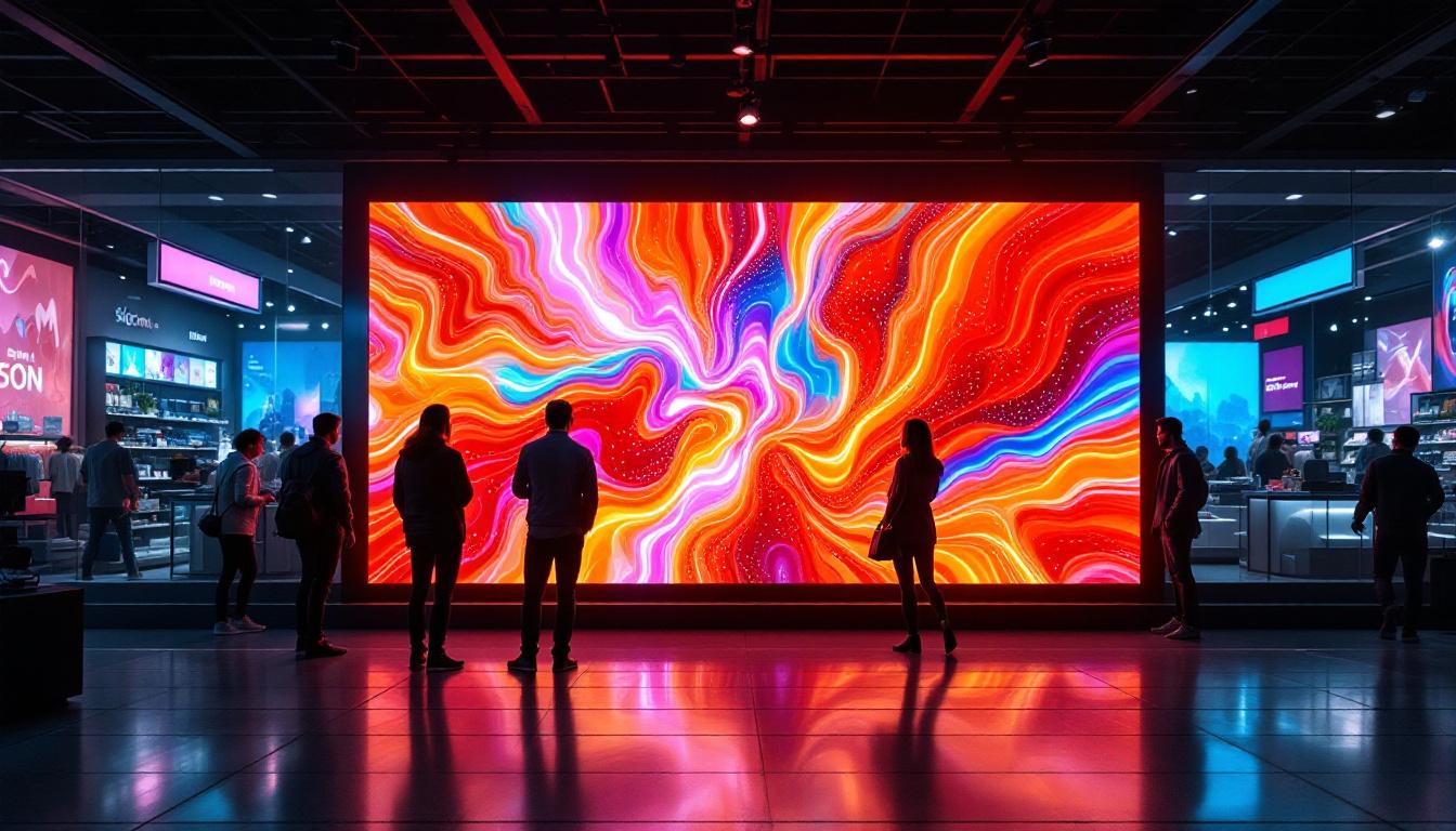A photograph of a vibrant retail environment showcasing an led display in action