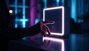 A photograph of a sleek touch led light in a dimly lit environment