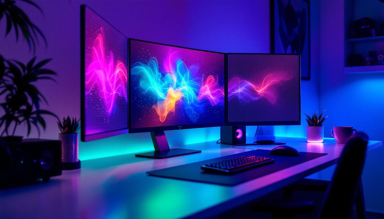 A photograph of a sleek desktop setup featuring privacy panels with an led display