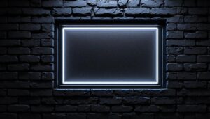A photograph of a close-up view of a block wall featuring a sleek led display integrated into a window opening