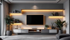 A photograph of a stylishly designed tv rack wall featuring a sleek led display