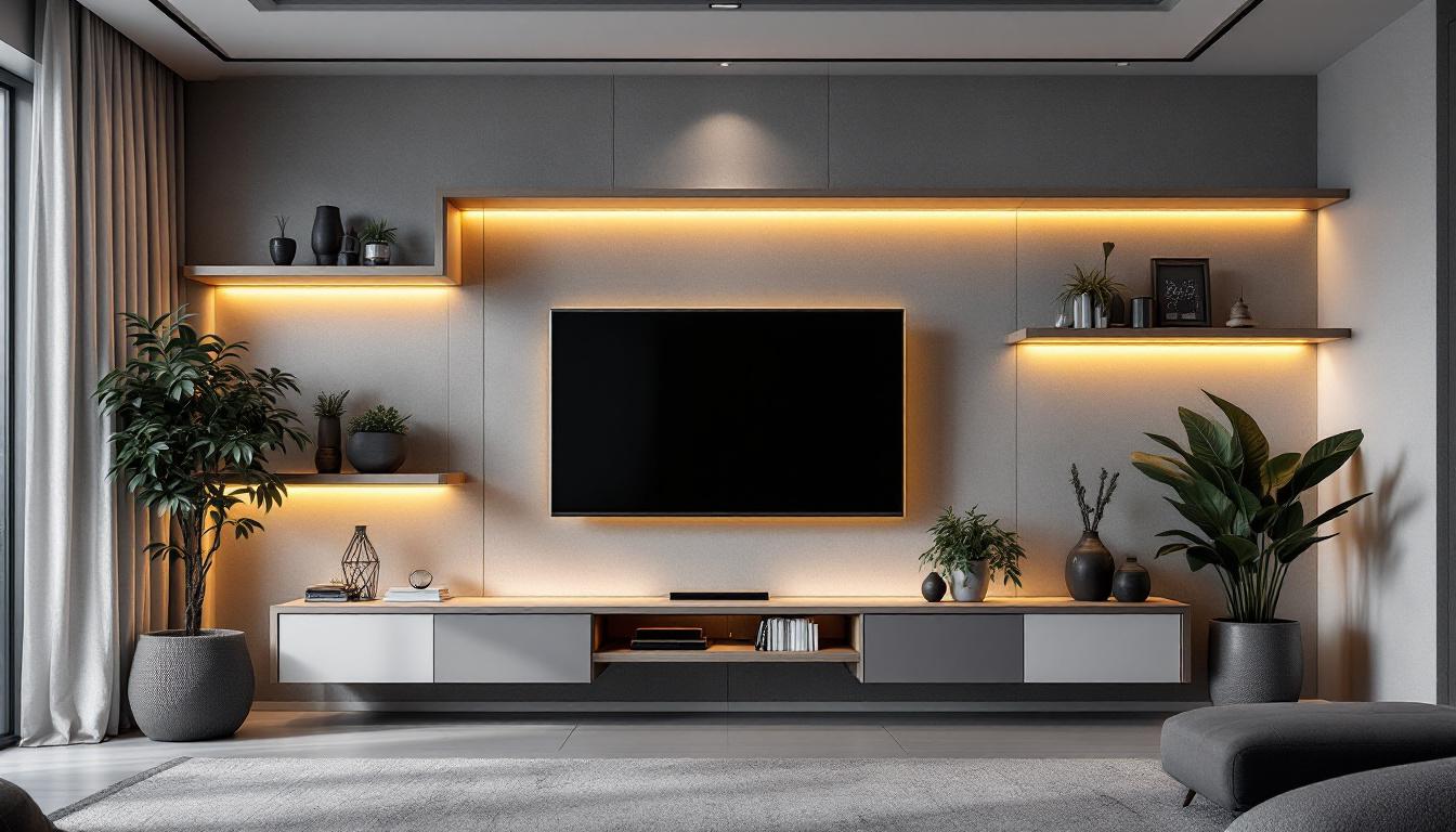 A photograph of a stylishly designed tv rack wall featuring a sleek led display