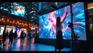 A photograph of a vibrant outdoor setting featuring a large led display panel in use