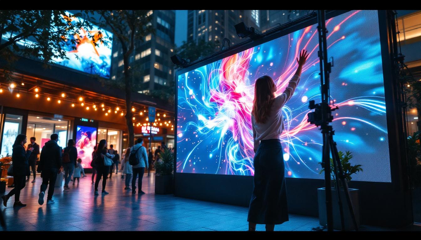 A photograph of a vibrant outdoor setting featuring a large led display panel in use