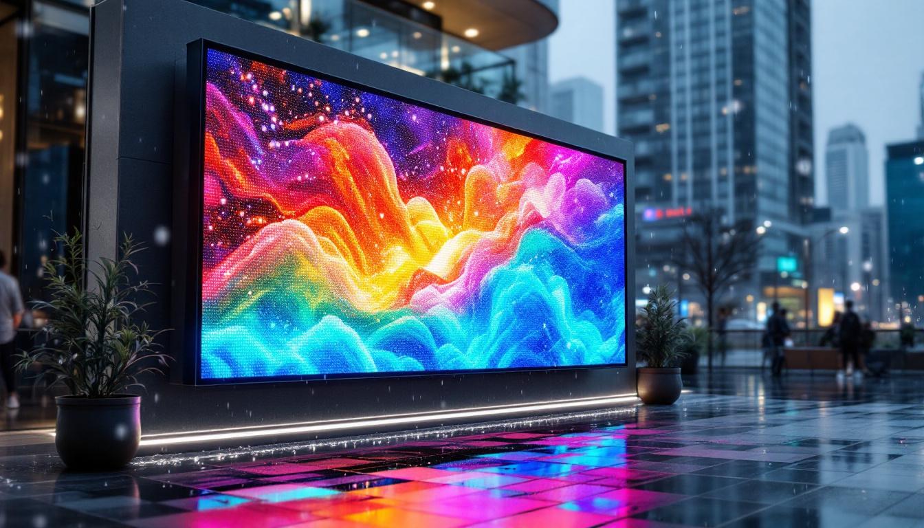 A photograph of a vibrant waterproof led display installed in an outdoor setting