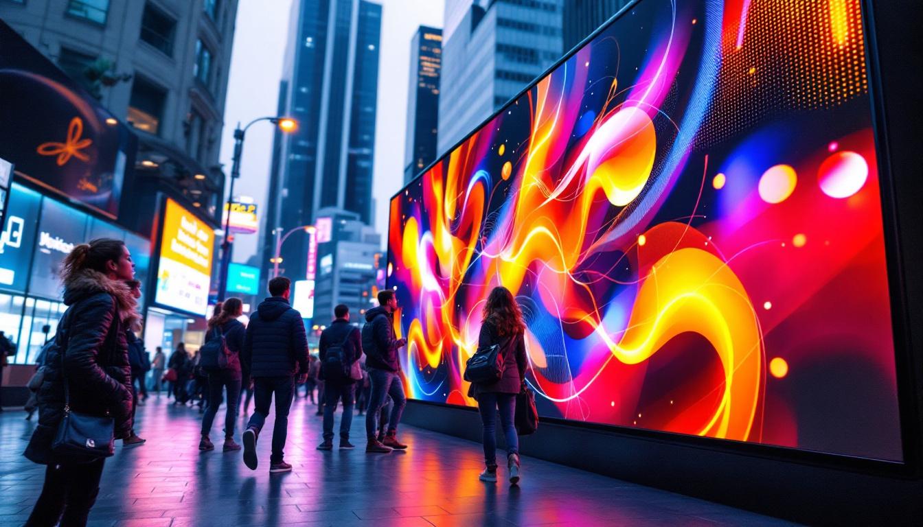 A photograph of a vibrant led display in a bustling urban environment