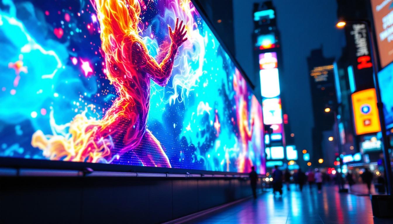 A photograph of a vibrant led display showcasing dynamic visuals or advertisements