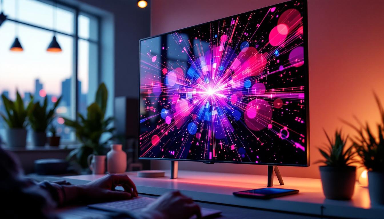 A photograph of capture a photograph of a square lcd screen displaying vibrant led graphics in a modern setting