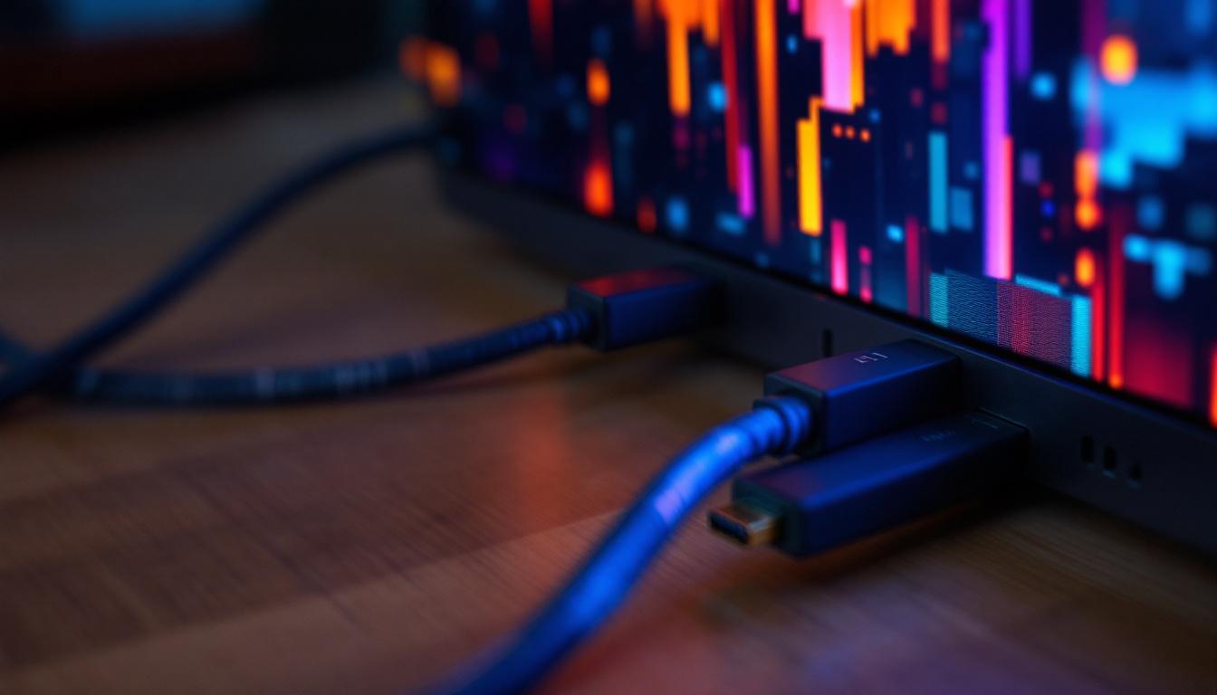 A photograph of capture a photograph of a side-by-side comparison of an hdmi 2.1 and a displayport 1.4a cable plugged into a modern led display