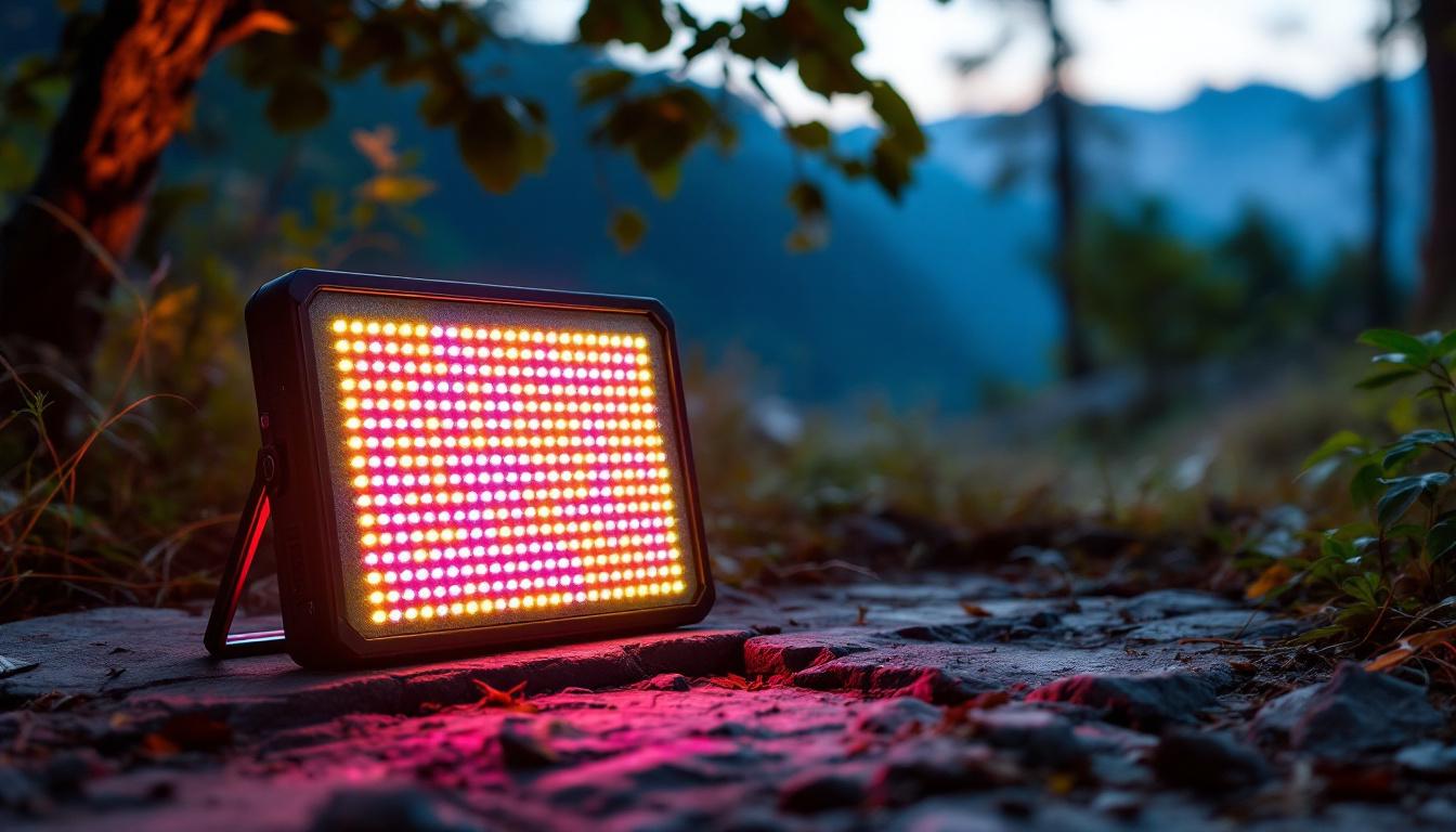 A photograph of capture a photograph of a well-lit outdoor scene featuring v & m outdoor equipment's led display in action