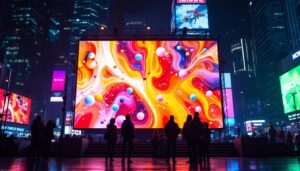 A photograph of a vibrant led display in an urban setting at night