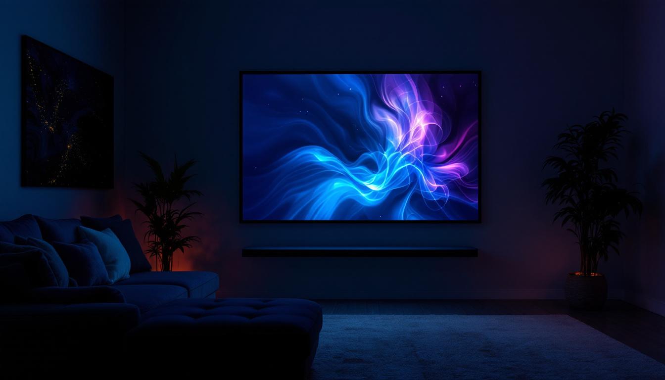 A photograph of a projector set up in a dimly lit room