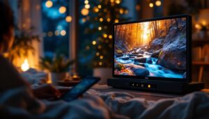 A photograph of a portable tv/dvd player with an led display in a cozy