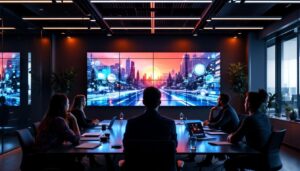 A photograph of a modern conference room featuring a large led display