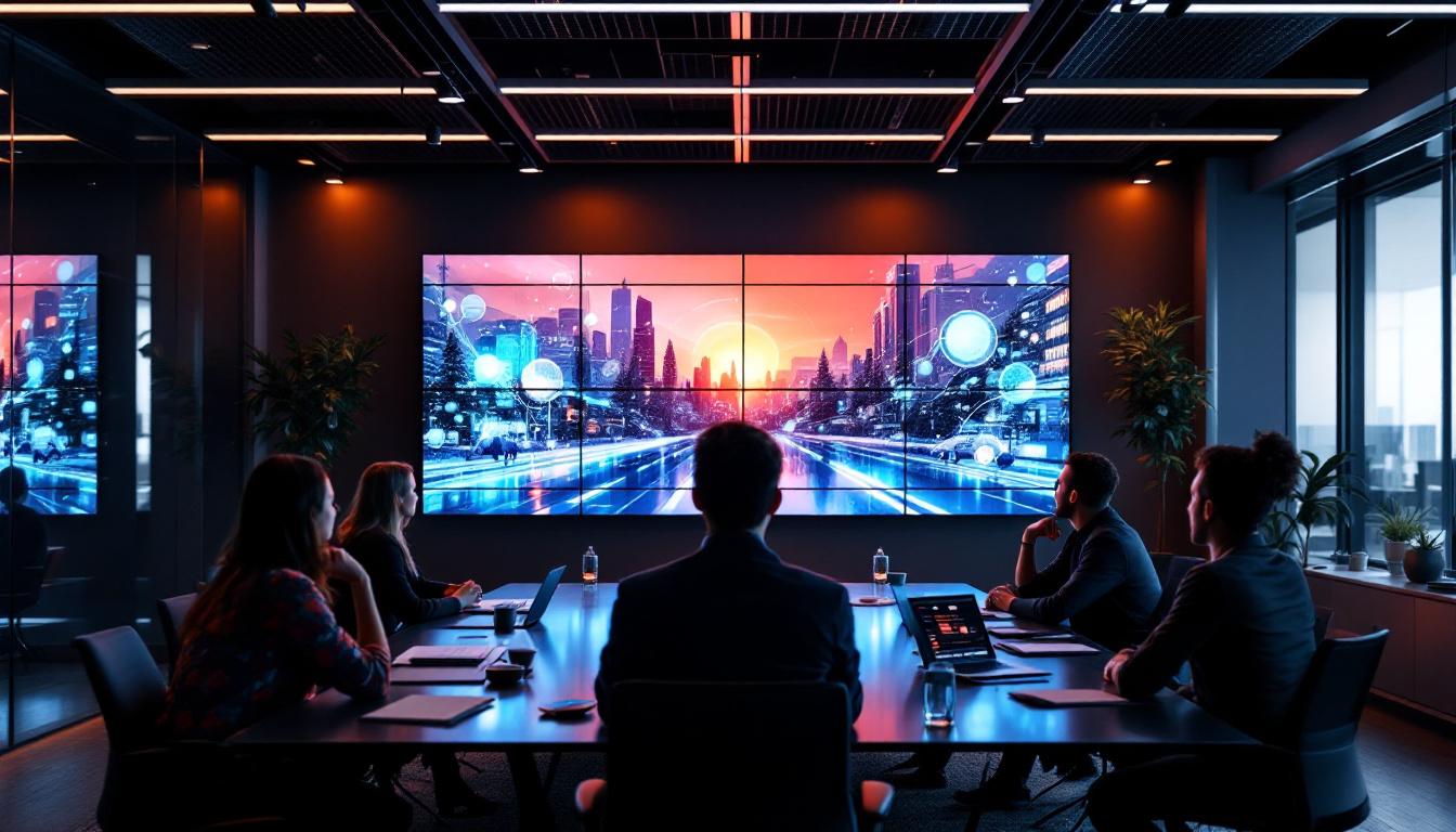 A photograph of a modern conference room featuring a large led display