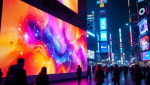 A photograph of capture a photograph of a vibrant led display in an urban setting