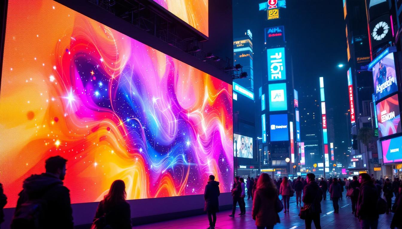 A photograph of capture a photograph of a vibrant led display in an urban setting