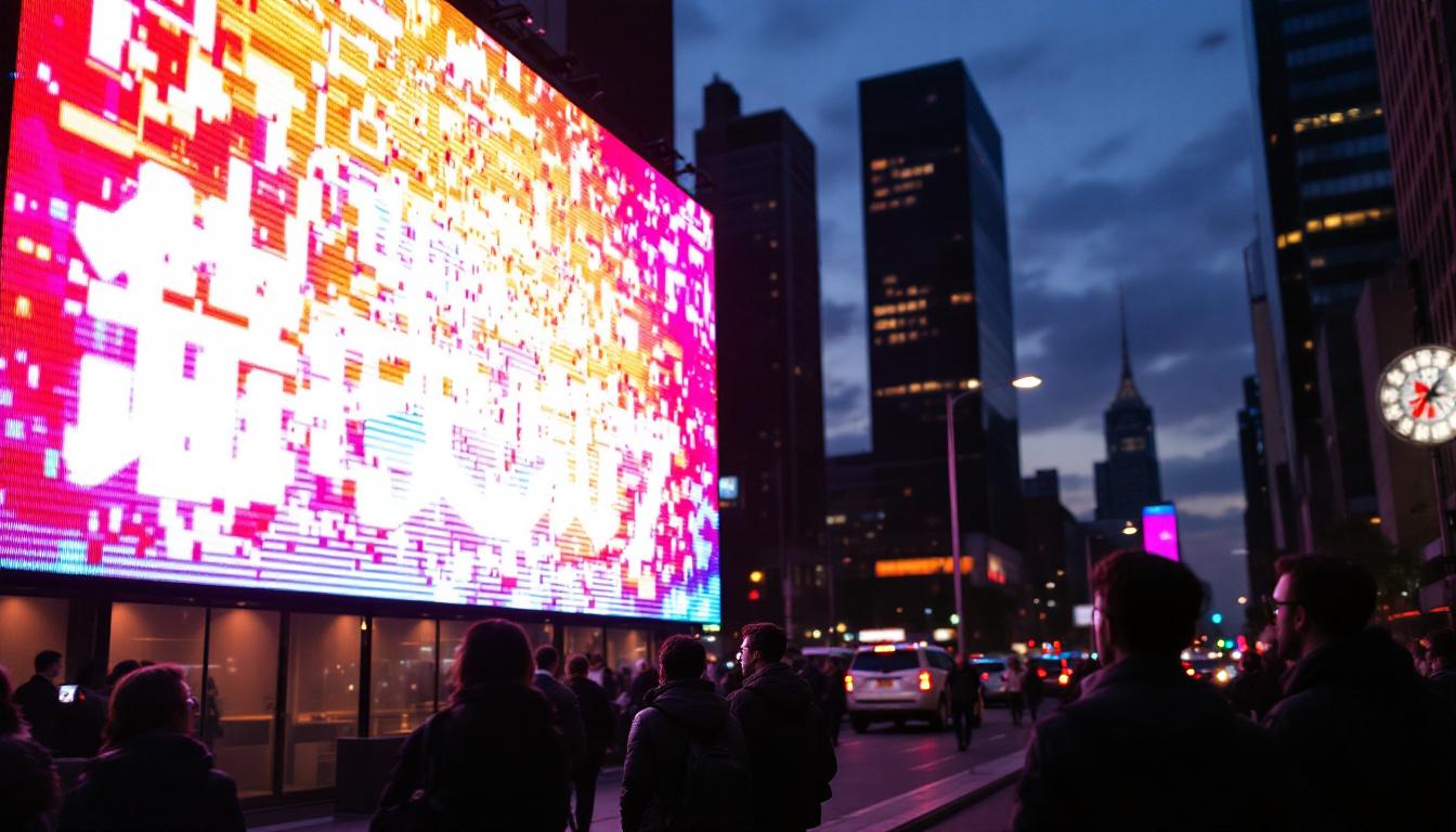 A photograph of a vibrant led display in an urban setting at dusk