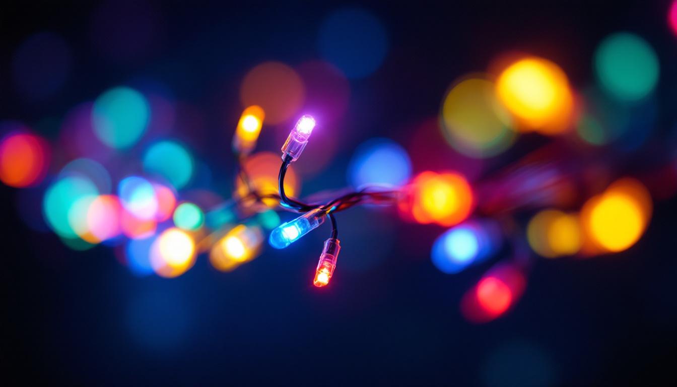 A photograph of a close-up shot of vibrant micro led lights on a thin wire