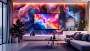 A photograph of a modern interior featuring thick waterproof wallpaper adorned with an integrated led display