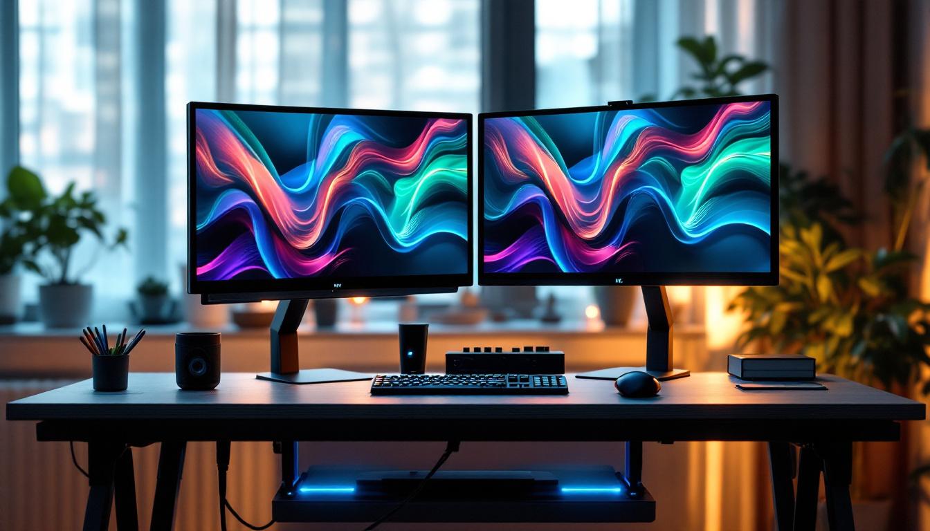 A photograph of a sleek dual monitor stand desk setup featuring vibrant led displays
