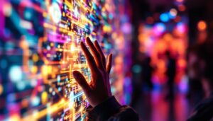 A photograph of a vibrant led display showcasing dynamic visuals