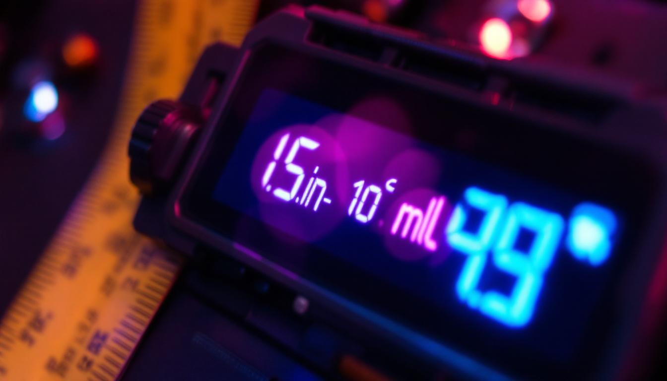 A photograph of capture a photograph of a close-up led display showing a measurement conversion from inches to millimeters