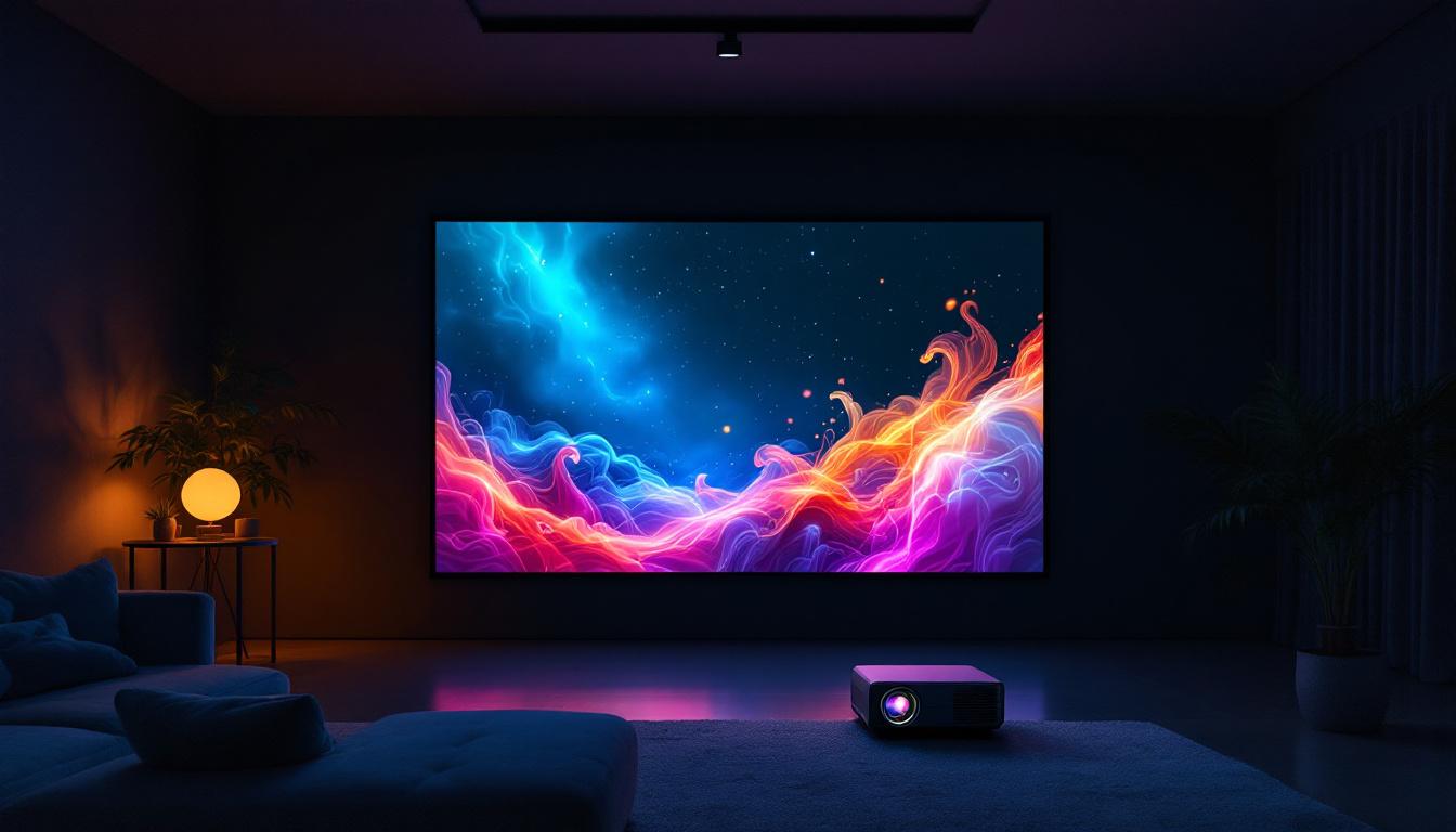 A photograph of a vibrant 21:9 led projector displaying a dynamic image on a large screen in a darkened room