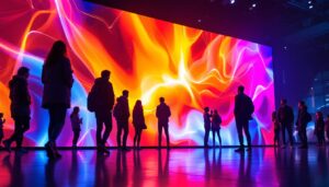 A photograph of a vibrant led display in a dynamic setting