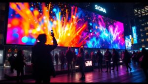 A photograph of capture a photograph of a vibrant led display in an urban setting
